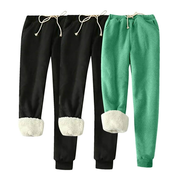 UTSJKR Deals Women's 3 Pc Winter Warm Fleece Joggers Track Pants Sherpa Lined Sweatpants Classic Solid Athletic Active Lounge Pants Army Green XXL