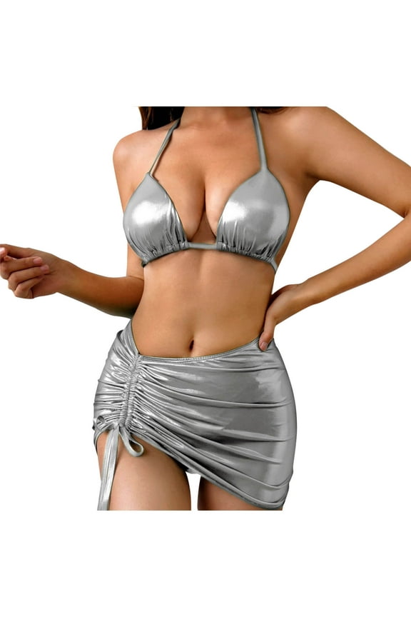 Women's 3 Piece Shiny Metallic Swimsuit Sexy Triangle Bikini Tie Side Thong Festival Outfit with Drawstring Mini Skirt Silver XL