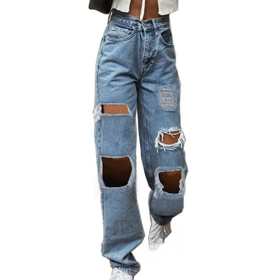UTSJKR Women's Baggy Jeans Vintage Washed High Waist Denim Distressed Holes Straight Leg Jeans with Loose Fit Streetwear Pants Trouser Light Blue L