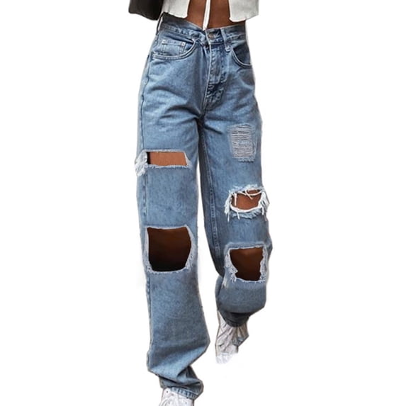 UTSJKR Women's Baggy Jeans Vintage Washed High Waist Denim Distressed Holes Straight Leg Jeans with Loose Fit Streetwear Pants Trouser Light Blue XXXL