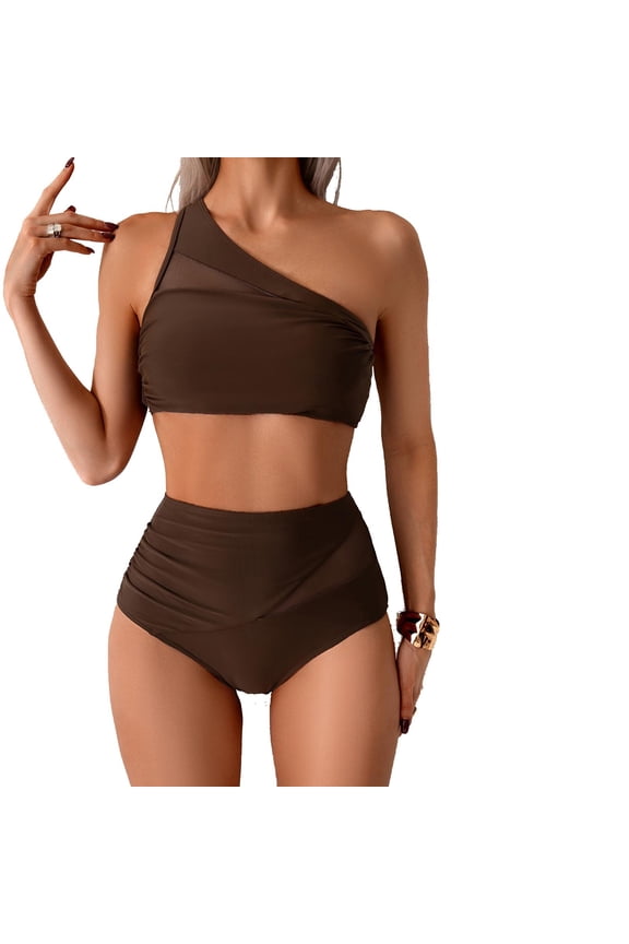Women's Bikini Sets One Shoulder Two Piece Swimsuit High Waisted Asymmetrical Neck Ruched Cutout Mesh Beach Suits Coffee XXL