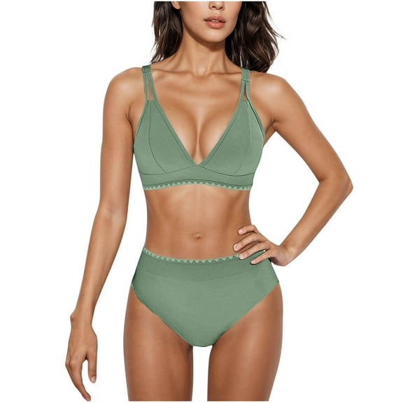 UTSJKR Women's Bikini Sets V Neck Double Straps High Waisted Swimsuits Shell Stitched Cheeky Two Piece Bathing Suit Green M