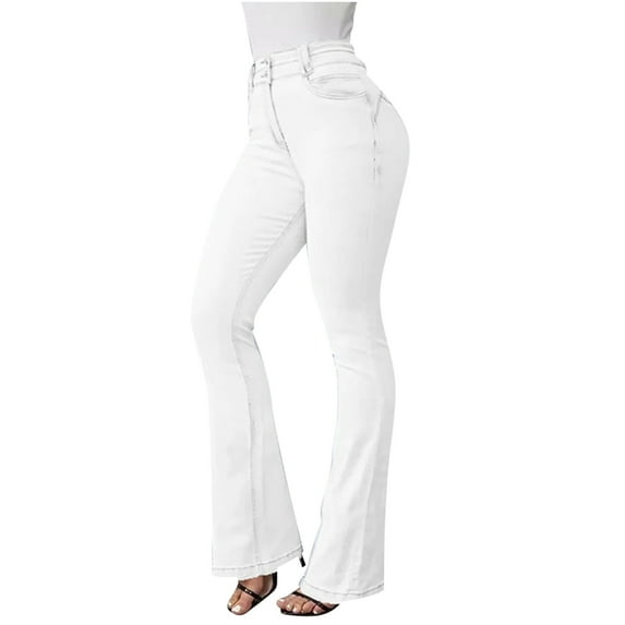 UTSJKR Women's Fashion High Waist Flare Jeans Bell Bottom Denim Stretch Bootcut Long Pants with Buttons White XXL