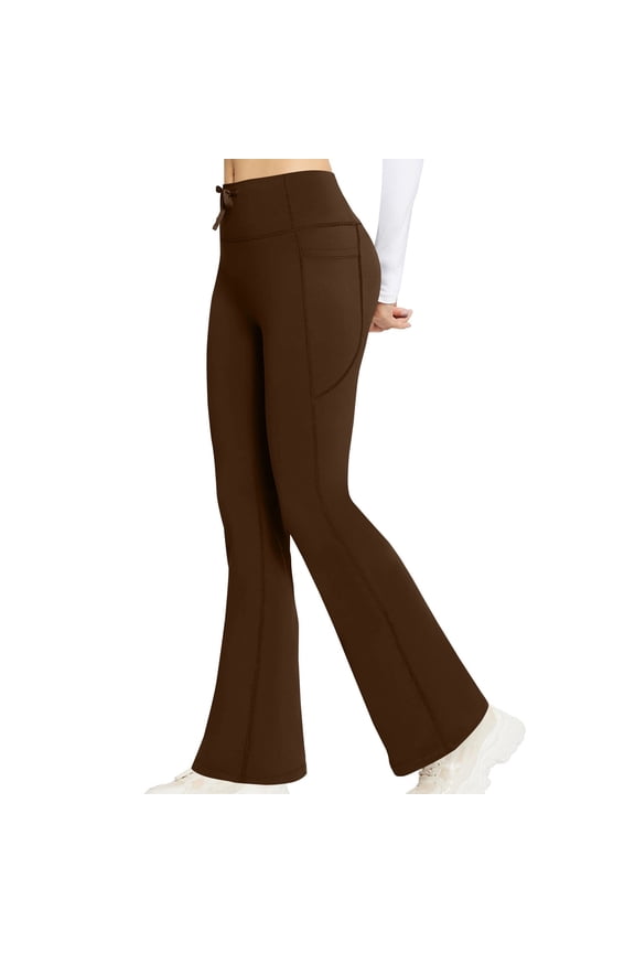 Women's Flare Yoga Pants Drawstring Flare Leggings High Waisted Tummy Control Workout Casual Bootcut Pants Brown M