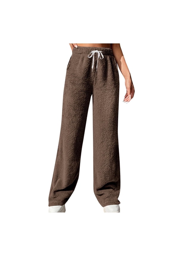 Women's Fuzzy Fleece Pants High Waist Wide Leg Comfortable Soft Warm Lounge Pants Winter Thick Comfy Sleepwear Pajama Pants Brown XXL