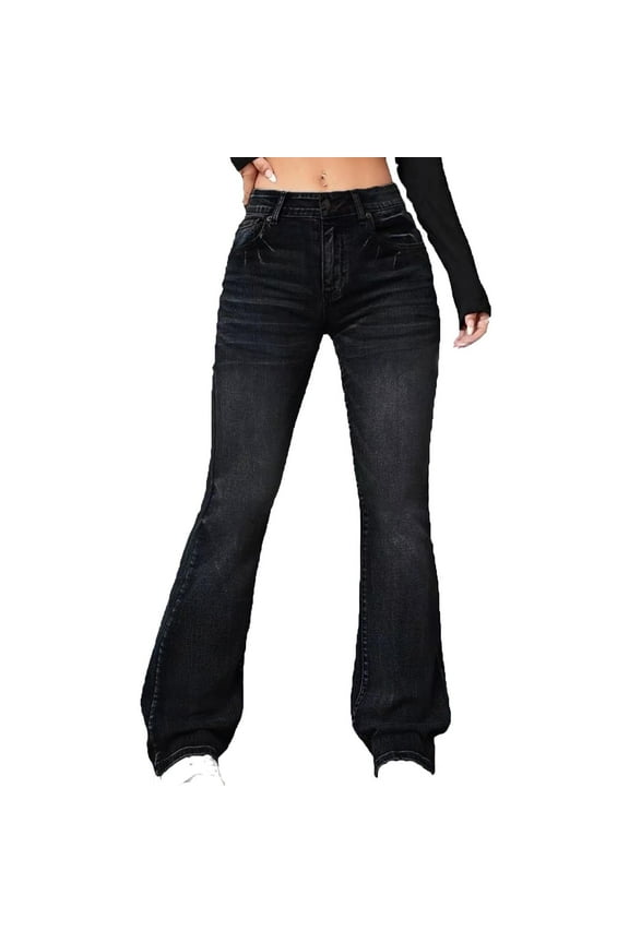 Women's High Waist Flare Jeans Vintage Washed Denim Bell Bottom Stretch Bootcut Jeans Loose Fit Straight Wide Leg Pants for Ladies Black XL