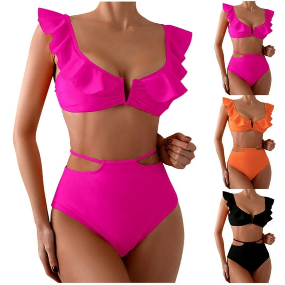 UTSJKR Women's High Waisted Bikini Sets Ruffle Two Piece Swimsuits Crisscross Bathing Suits Adjustable Straps Bikini Padded Bathing Suit Black L