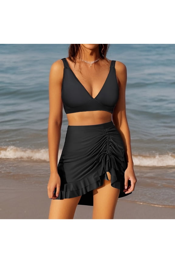 Women's High Waisted Bikini Sets Tummy Control Swim Skirt Two Piece Swim Suit 2025 Retro Solid Swimsuit Black M