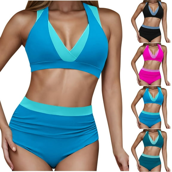 UTSJKR Women's High Waisted Bikini Sets Tummy Control Swimsuits Two Piece Color Block Modest Bathing Suit Blue S