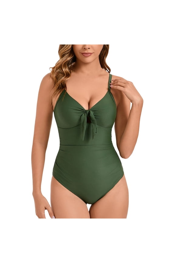 Women's One Piece Swimsuit Front Bow Tie Scoop Neck Adjustable Straps Cutout Bathing Suit Tummy Control Swimwear Green S