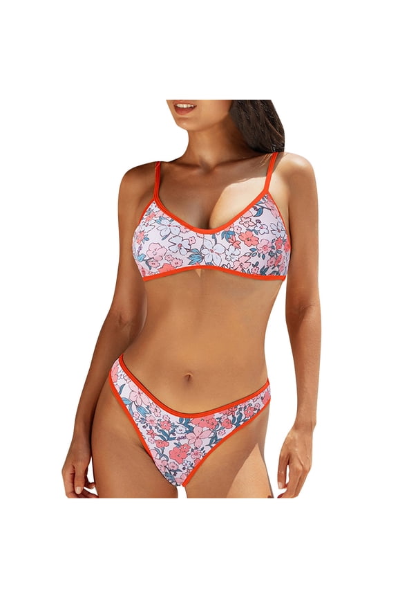 Women's Sexy Bikini Sets, Scoop Neck Floral Padded Two Piece Swimsuits, High Cut Low Rise Cheeky Bathing Suit Beach Vacation Orange L