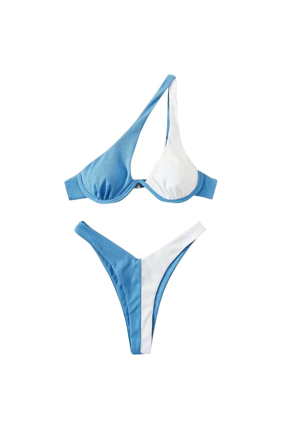 Women's Sexy Cutout One Shoulder Bikini Underwire Padded Two Piece Bathing Suit Cheeky Thong Brazilian Swimsuit Sky Blue S