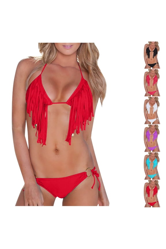 Women's Sexy Tassels Bikini Sets Hanging Neck Bras Swimwear Low Waist Lace-up G-Strings Swimsuits Bathing Suit Black S