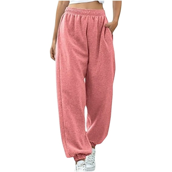 UTSJKR Women's Solid Jogger Sweatpants with Pockets High Waist Baggy Lounge Pants Drawstring Activewear Trousers Red XL