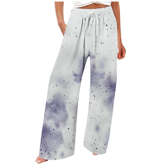 UTSJKR Women's Trendy Tie Dye Wide Leg Pants Loose Fit Drawstring Stretchy Palazzo Pants Soft Comfy Pajama Pants Blue XL
