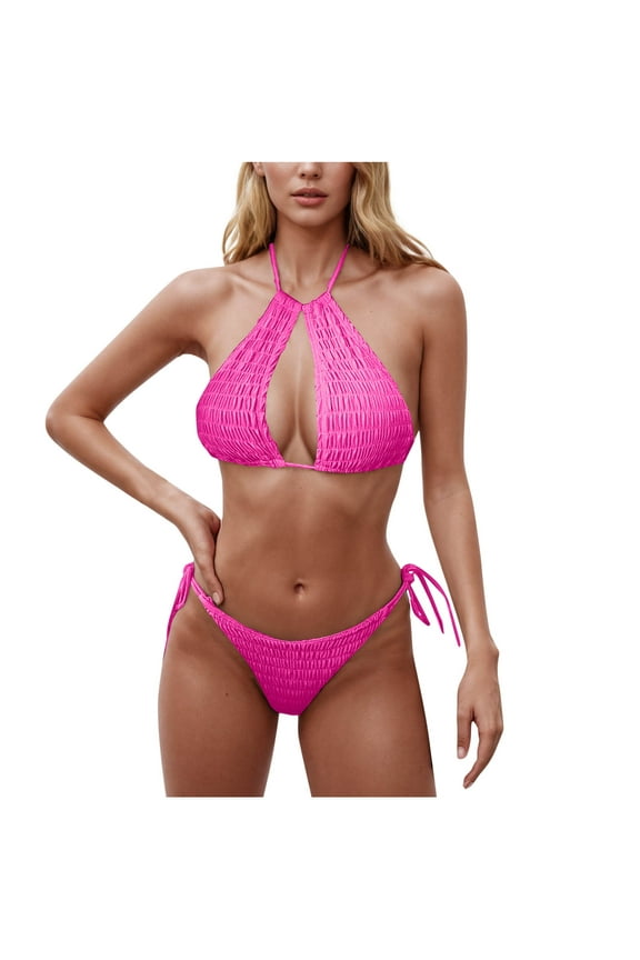 Women's Triangle Bikini Solid Tie Side Bandeau Halter String Bikini Set Two Piece Swimsuit Bathing Suits Hot Pink M
