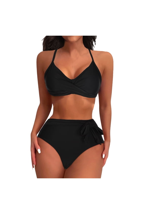 Women's Twist Front Bikini Swimsuit Tummy Control Two Piece Bathing Suit Sexy High Waisted Triangle Bathing Suit Black XL
