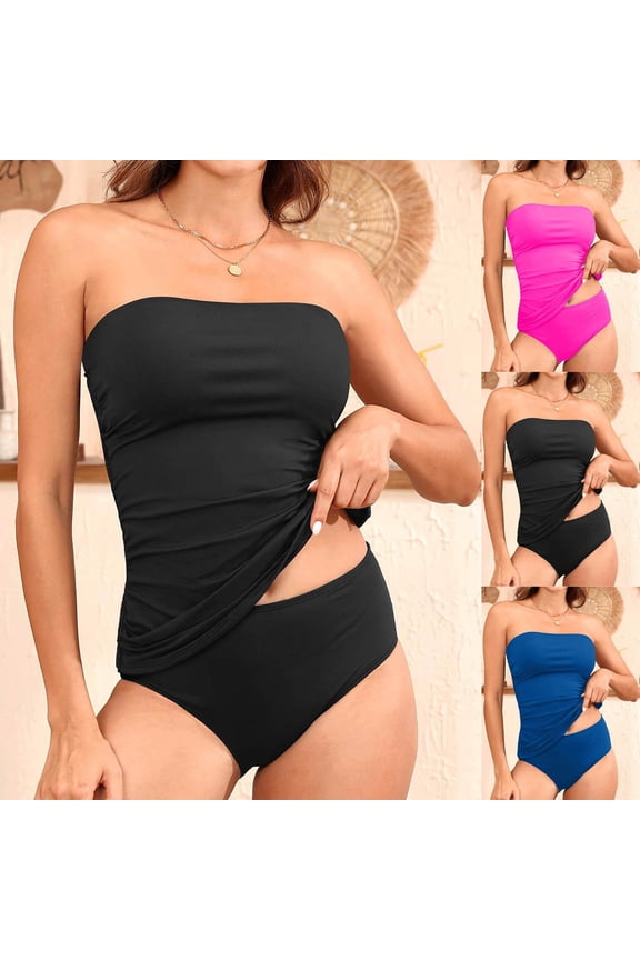 Women's Two Piece High Waisted Bikini Set Sleeveless Tank Tops with Removable Straps Swimsuit Swim Shorts Bathing Suit Black L