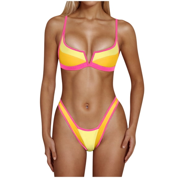 UTSJKR Women's V Wired Bikini Set Colorblock Ribbed Swimwear Sexy High Cut Cheeky Two Piece Swimsuit Bathing Suit Yellow S