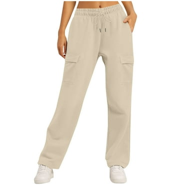 UTSJKR Deals Womens Cargo Sweatpants Y2k Casual Baggy Wide Leg Pants Cotton Jogger Pants Drawstring Elastic Waist Active Workout Pants Beige XXL