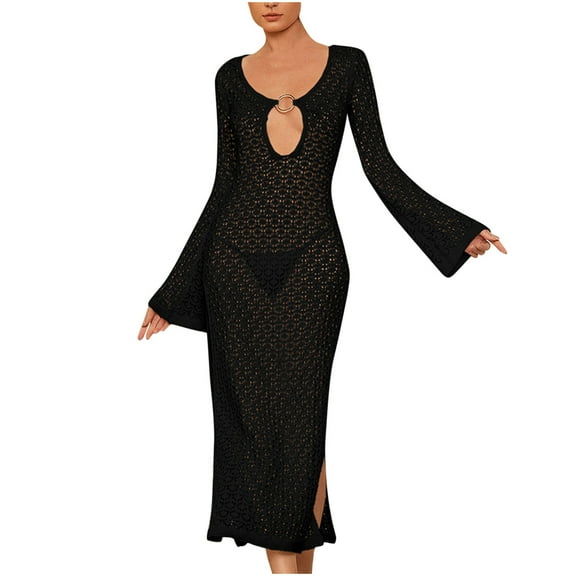 UTSJKR Womens Crochet Summer Maxi Dress Sexy O Ring Linked Cut Out Long Sleeve Knit Cover Up Side Split Beach Dresses Black L