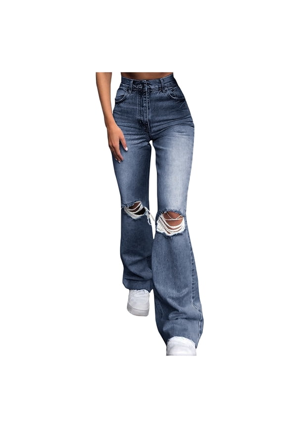 Womens High Waist Flare Jeans Vintage Washed Wide Leg Ripped Jeans Streetwear Baggy Straight Leg Jeans Blue XL