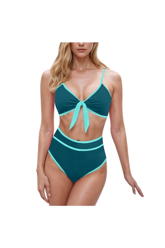 Womens High Waisted Bikini Set Color Block Beach Fashion Tie Knot High Rise Two Piece Swimsuits Bathing Suits Green L