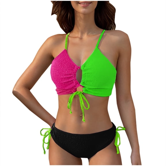 UTSJKR Womens High Waisted Bikini Sets Color Block Two Piece Swimsuits Beach Fashion V Neck Tummy Control Bathing Suits Green XL