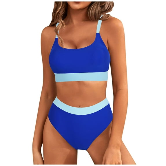 UTSJKR Womens High Waisted Bikini Sets Sporty 2 Piece Swimsuits Color Block Full Coverage Modest Tummy Control Bathing Suits Blue L