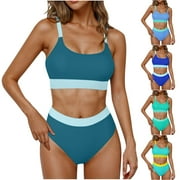 UTSJKR Womens High Waisted Bikini Sets Sporty 2 Piece Swimsuits Color Block Full Coverage Modest Tummy Control Bathing Suits Green S