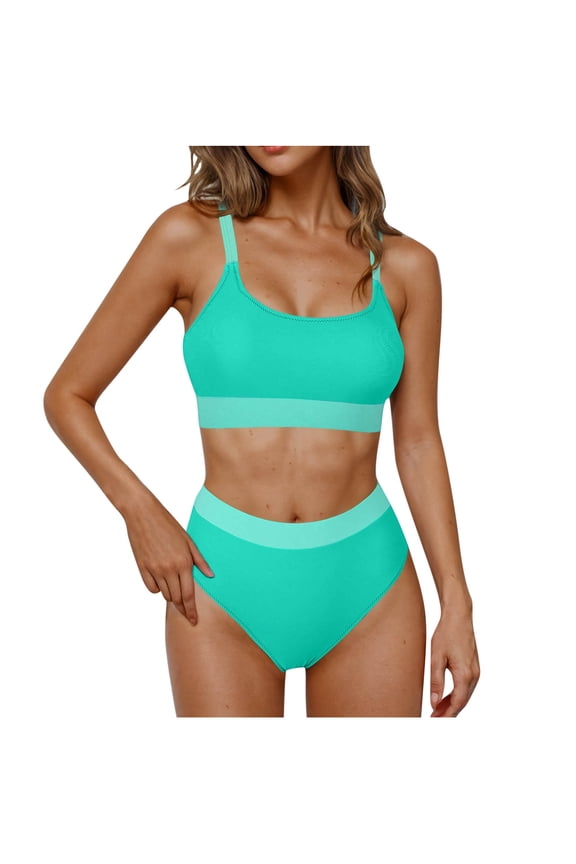 Womens High Waisted Bikini Sets Sporty 2 Piece Swimsuits Color Block Full Coverage Modest Tummy Control Bathing Suits Green S