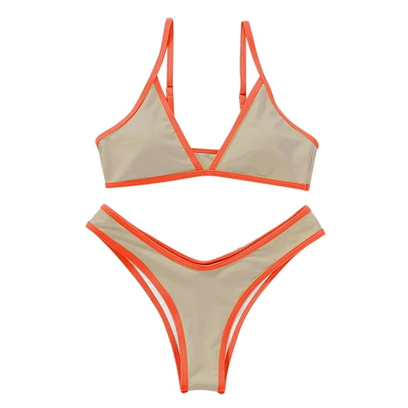 UTSJKR Deals Womens High Waisted Bikini Sets Sporty Color Block Cheeky High Cut Swimsuits Two Piece Bathing Suit Khaki S