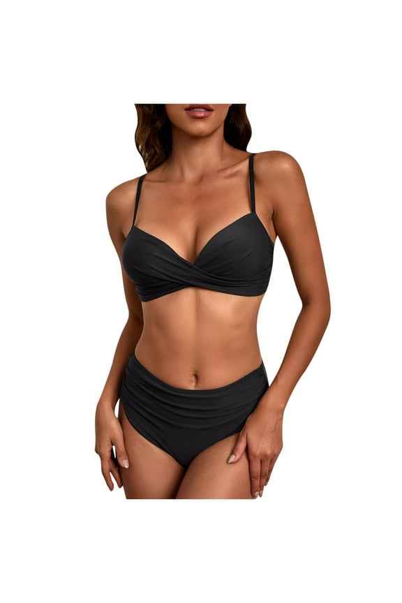 Womens High Waisted Bikini Sets Swimsuit Push Up Twist Front Swim Tops Ruched Bottom Beach Two Piece Bathing Suits Black S