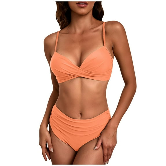 UTSJKR Womens High Waisted Bikini Sets Swimsuit Push Up Twist Front Swim Tops Ruched Bottom Beach Two Piece Bathing Suits Orange L