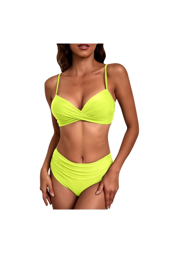 Womens High Waisted Bikini Sets Swimsuit Push Up Twist Front Swim Tops Ruched Bottom Beach Two Piece Bathing Suits Yellow M