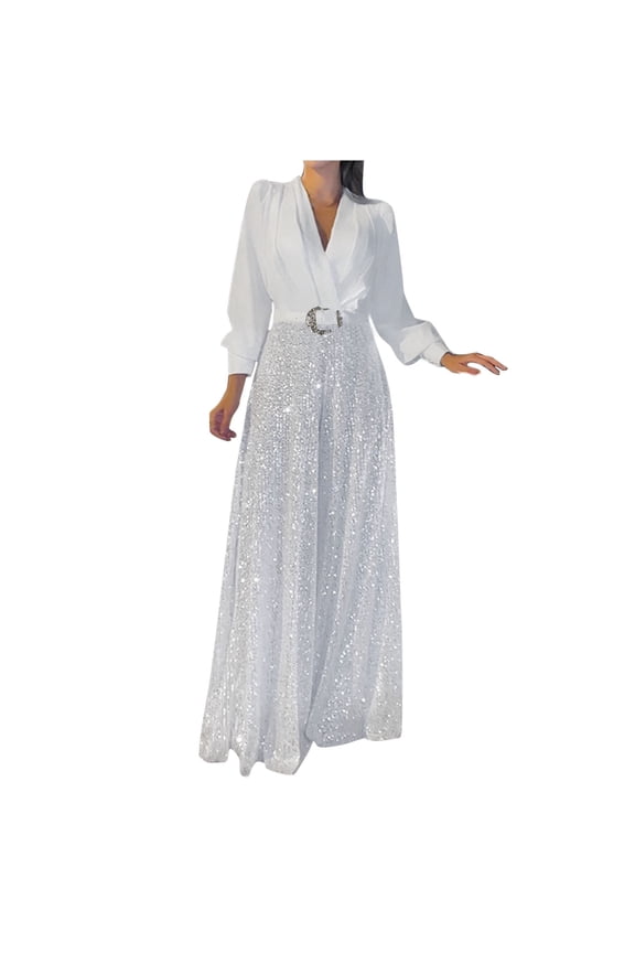 Womens Sequin Rompers Dressy Sequin Jumpsuit Formal Pantsuits for Women Evening Party Outfits Wide Leg Pants Sets White L