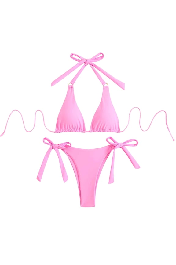 Womens Sexy Thong Bikini Sets Halter Push up 2 Piece Bathing Suits High Cut Cheeky Ladies Swimsuits Triangle Swimwear Pink L