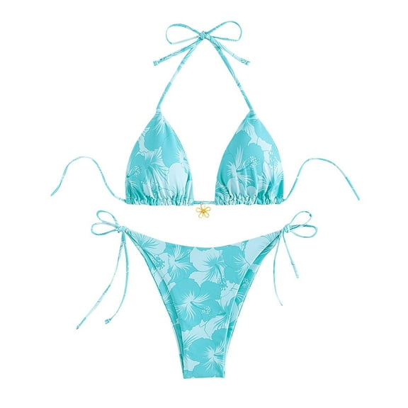 UTSJKR Womens String Bikini Sets Sexy Two Piece Swimsuits Cheeky Tropical Print Hawaii Bathing Suits Triangle Swimwear Light Blue XL
