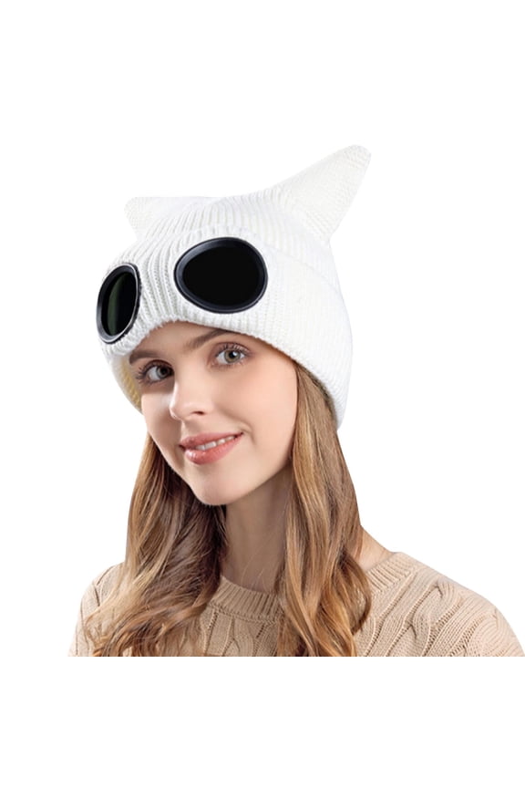 Womens Stylish Comfy Cap with Cat Ears and Goggles Warm Animal Ears Knit Cap Outdoor Snow Ski Windproof Warm Hat White