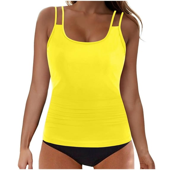 UTSJKR Womens Tankini Bathing Suits Tummy Control Padded Bathing Suit with Shorts Two Piece Bathing Suits Summer Double Straps Modest Swimsuits Yellow XL
