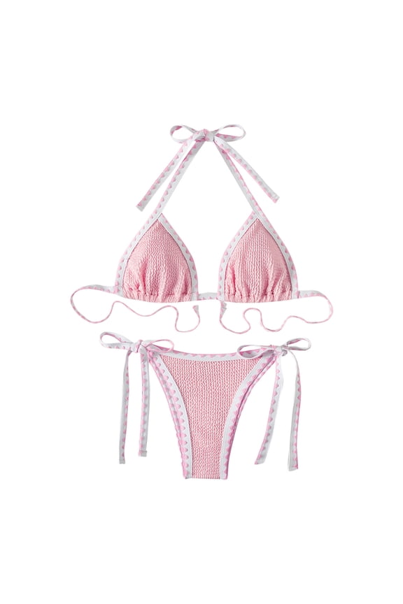 Womens Two Piece Swimsuit Triangle String Bikini Set High Cut Sexy Bathing Suit Color Block Bandeau Swim Top Pink M
