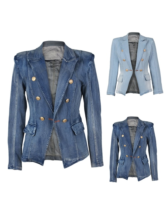 Denim Blazer Suit for Women Notch Collar One Button Office Lady Business Work Outfits Lapel Fall Winter Jean Jacket Dark Blue XXL