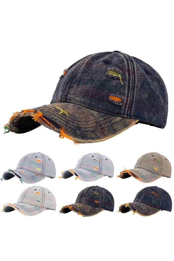 Distressed Denim Baseball Cap Men Women Vintage Washed Perforated Adjustable Hat Unisex Fashion Versatile Classic Hats Silver
