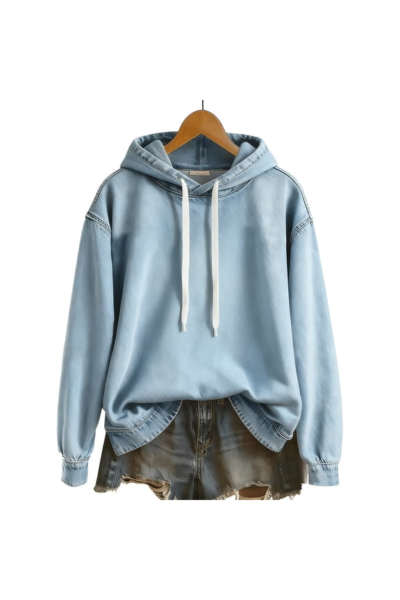 Distressed Hooded Sweatshirt for Men Vintage Denim Crew Neck Casual Long Sleeve Pullover Loose Outwear Tops Light Blue XL