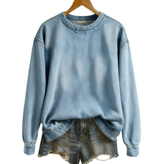 UTSJKR Distressed Sweatshirt for Men Vintage Denim Crew Neck Casual Long Sleeve Pullover Loose Outwear Tops Light Blue L