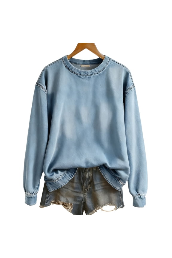 Distressed Sweatshirt for Men Vintage Denim Crew Neck Casual Long Sleeve Pullover Loose Outwear Tops Light Blue S