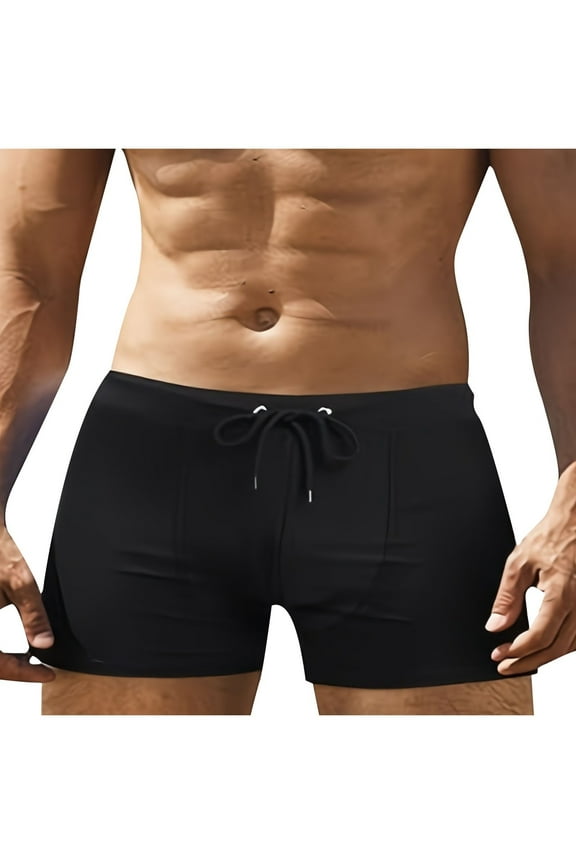 Drawstring Swimming Briefs Mens Square Leg Swim Jammers Quick Dry Boxers Beach Swim Trunck Surf Swimwear Board Shorts Black L