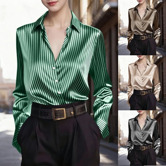 UTSJKR Dressy Striped Satin Blouses for Women Loose Lapel Long Sleeve Button Down Shirts Elegant Office Business Casual Tops Green S