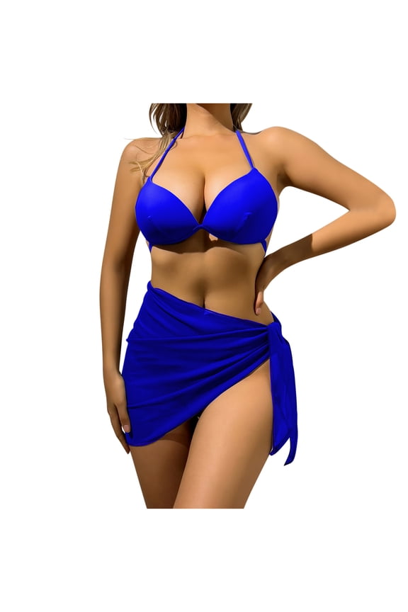 Elegant Crochet Bikini Set with Matching Wrap Skirt for Women-Perfect for Beach and Pool Wear, Stylish Three Piece Swimsuit Set Blue M