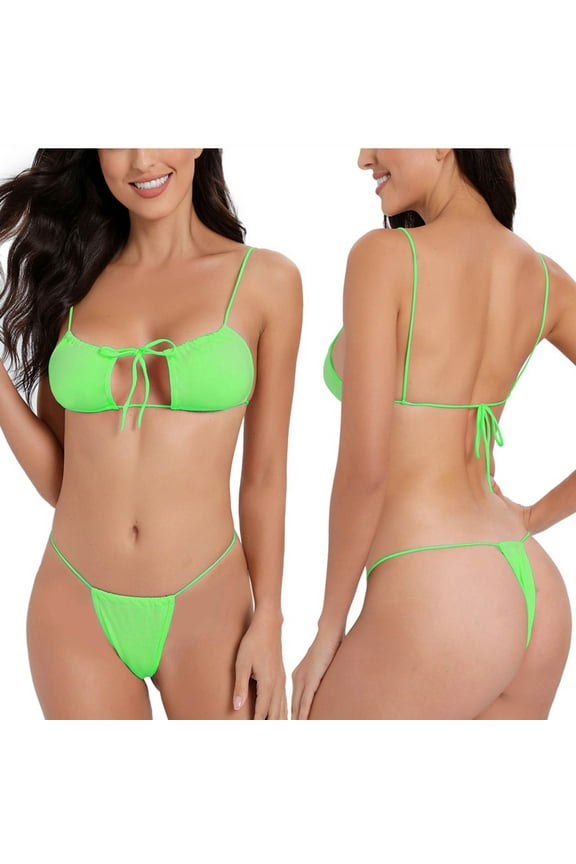 Extreme Sexy Mini Bikini Sets 2Pcs Swimwear G-String Bottom Swimsuit Summer Fashion Micro Bikinis for Women Green M